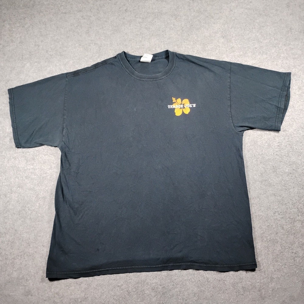 Trader Joes Crewmember T-Shirt XL Black Orange Hibiscus Flower Graphic Tee
